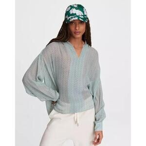 Rag & Bone Carly Print Band Collar Blouse Sheer Green White Size XS